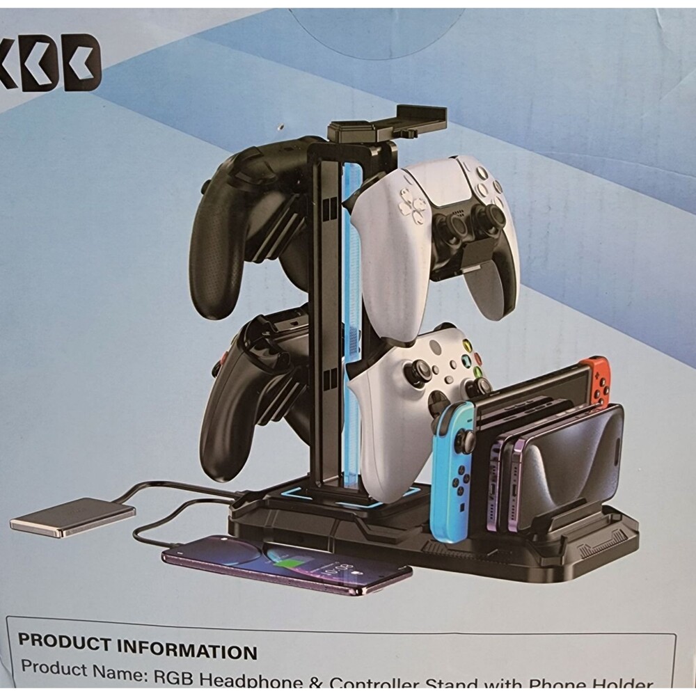 KDD Headset Stand RGB w/ Controller Holder Charging Rotating Hanger USB A&C